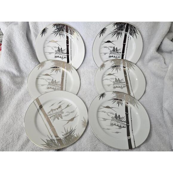 Other - (Set of 6) Kutani Bamboo Porcelain Side Plate White & Sliver Japan 7.5" Asian